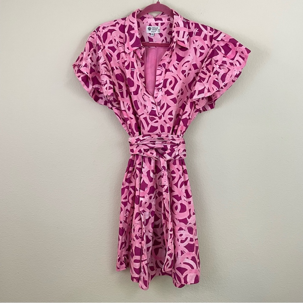 Holly Shae Pink Patterned Ruffle Sleeves Cotton Shift Dress One Size - Picture 2 of 9